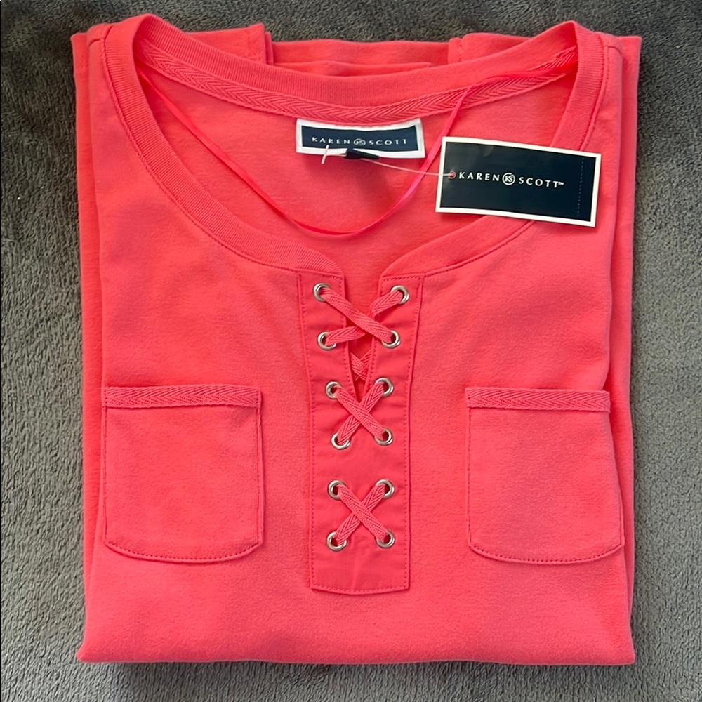 Karen Scott Coral Lace-Up Blouse